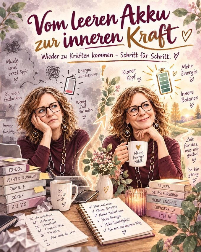 Illustration „Vom leeren Akku zur inneren Kraft“: links eine erschöpfte Frau zwischen Bücherstapeln mit To-dos, Verpflichtungen, Familie und Beruf, rechts dieselbe Frau entspannt mit voller Energie, Pausen und Selbstfürsorge