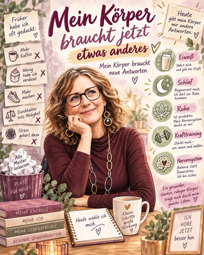 Illustration „Mein Körper braucht jetzt etwas anderes“: Eine Frau sitzt nachdenklich am Tisch. Links alte Muster wie mehr Kaffee und Durchhalten trotz Müdigkeit, rechts neue Antworten wie Eiweiß, Schlaf, Ruhe, Krafttraining und ein reguliertes Nervensystem